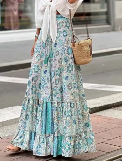 Women's Skirt A Line Swing Long Skirt Maxi High Waist Skirts Ruffle Print Floral Geometric Daily Holiday Summer Fashion Casual Boho Pink Blue Green Light Blue