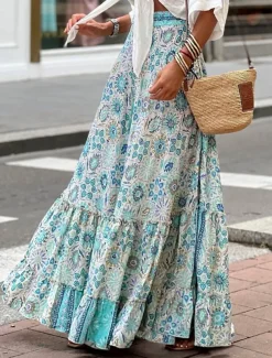 Women's Skirt A Line Swing Long Skirt Maxi High Waist Skirts Ruffle Print Floral Geometric Daily Holiday Summer Fashion Casual Boho Pink Blue Green Light Blue