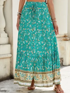 Women's Skirt A Line Swing Bohemia Casual Maxi High Waist Skirts Floral Print Micro-elastic Street Daily Pink Red Green Summer Polyester