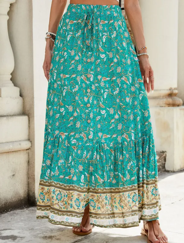 Women's Skirt A Line Swing Bohemia Casual Maxi High Waist Skirts Floral Print Micro-elastic Street Daily Pink Red Green Summer Polyester