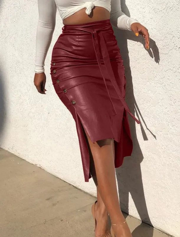 Women's Skirt Bodycon Fashion Casual Midi High Waist Skirts Solid Colored Maillard Split Ends Vacation Street Black Wine Brown Spring Faux Leather Leather