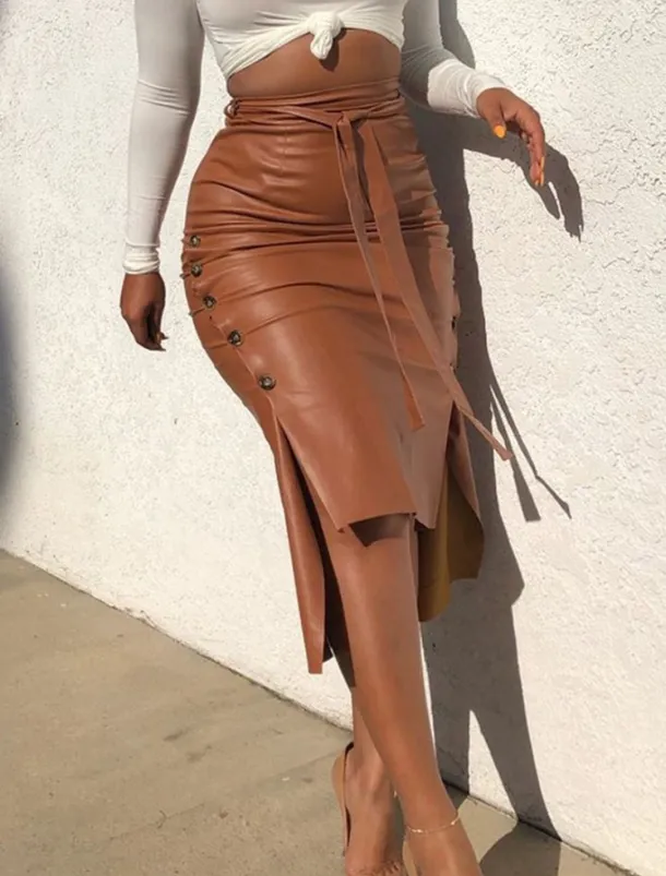 Women's Skirt Bodycon Fashion Casual Midi High Waist Skirts Solid Colored Maillard Split Ends Vacation Street Black Wine Brown Spring Faux Leather Leather