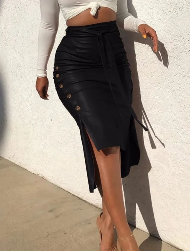 Women's Skirt Bodycon Fashion Casual Midi High Waist Skirts Solid Colored Maillard Split Ends Vacation Street Black Wine Brown Spring Faux Leather Leather