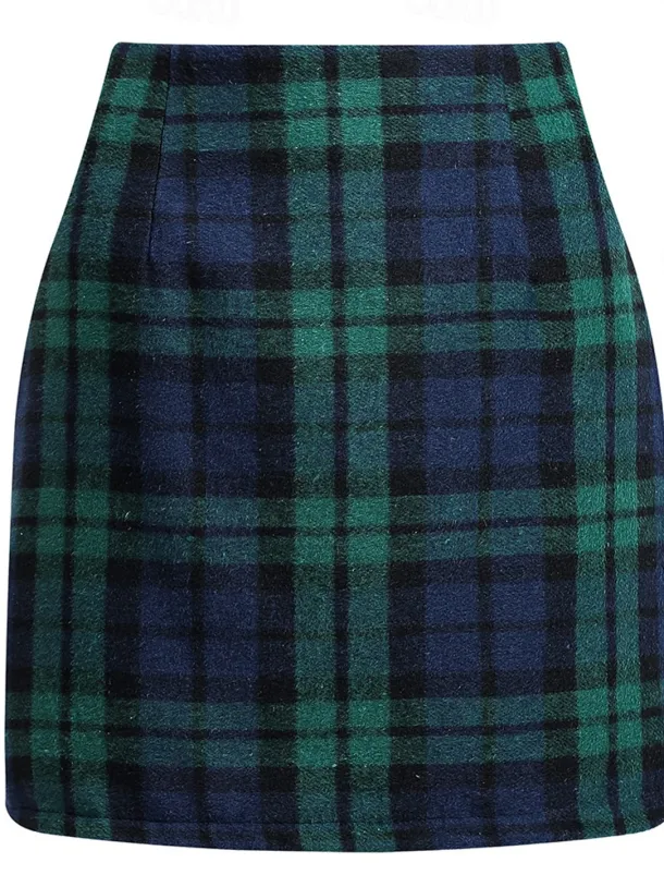 Women's Skirt Bodycon Fashion Casual Mini High Waist Skirts Plaid Print Vacation Street Sapphire Turquoise Dark Green Dark Coffee Winter Woolen