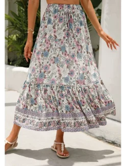 Women's Skirt Bohemia Casual Boho Maxi Mid Rise Skirts Floral Print Micro-elastic Vacation Street Almond Red Blue Orange Summer Rayon
