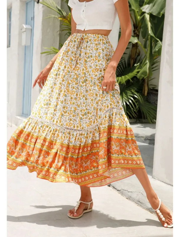 Women's Skirt Bohemia Casual Boho Maxi Mid Rise Skirts Floral Print Micro-elastic Vacation Street Almond Red Blue Orange Summer Rayon