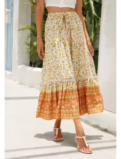 Women's Skirt Bohemia Casual Boho Maxi Mid Rise Skirts Floral Print Micro-elastic Vacation Street Almond Red Blue Orange Summer Rayon