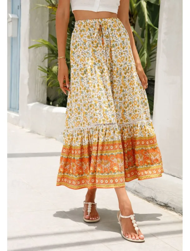 Women's Skirt Bohemia Casual Boho Maxi Mid Rise Skirts Floral Print Micro-elastic Vacation Street Almond Red Blue Orange Summer Rayon