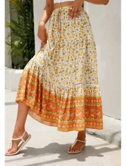 Women's Skirt Bohemia Casual Boho Maxi Mid Rise Skirts Floral Print Micro-elastic Vacation Street Almond Red Blue Orange Summer Rayon