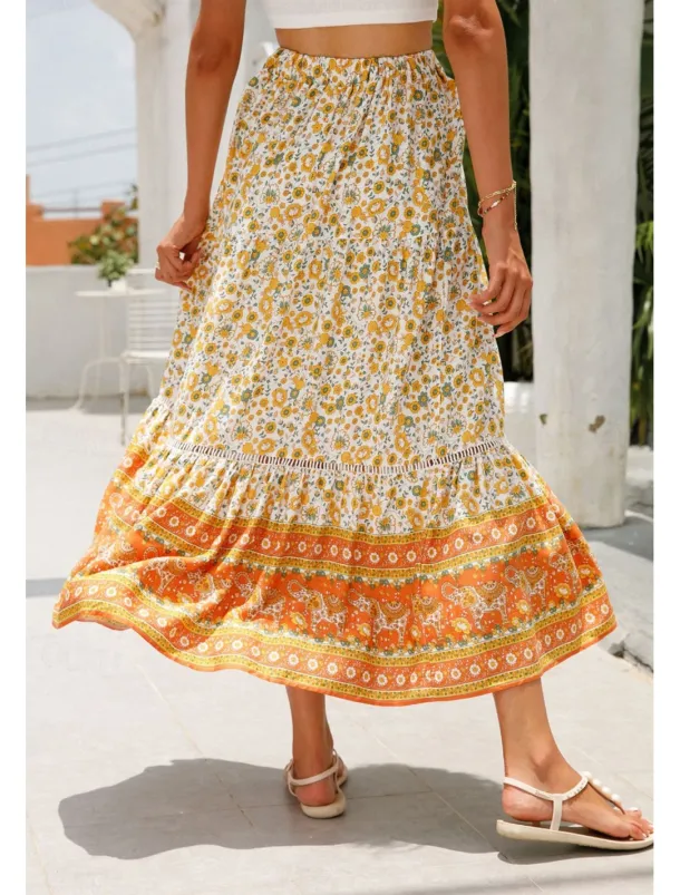 Women's Skirt Bohemia Casual Boho Maxi Mid Rise Skirts Floral Print Micro-elastic Vacation Street Almond Red Blue Orange Summer Rayon