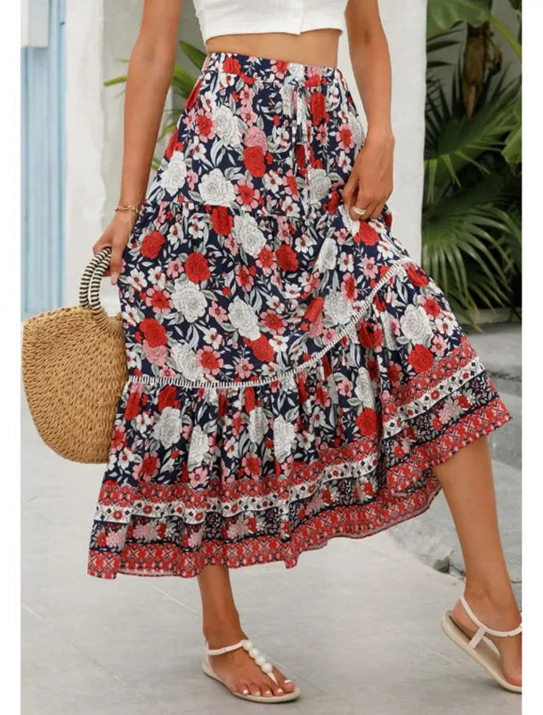 Women's Skirt Bohemia Casual Boho Maxi Mid Rise Skirts Floral Print Micro-elastic Vacation Street Almond Red Blue Orange Summer Rayon