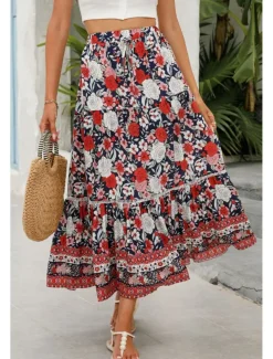 Women's Skirt Bohemia Casual Boho Maxi Mid Rise Skirts Floral Print Micro-elastic Vacation Street Almond Red Blue Orange Summer Rayon