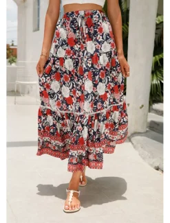 Women's Skirt Bohemia Casual Boho Maxi Mid Rise Skirts Floral Print Micro-elastic Vacation Street Almond Red Blue Orange Summer Rayon
