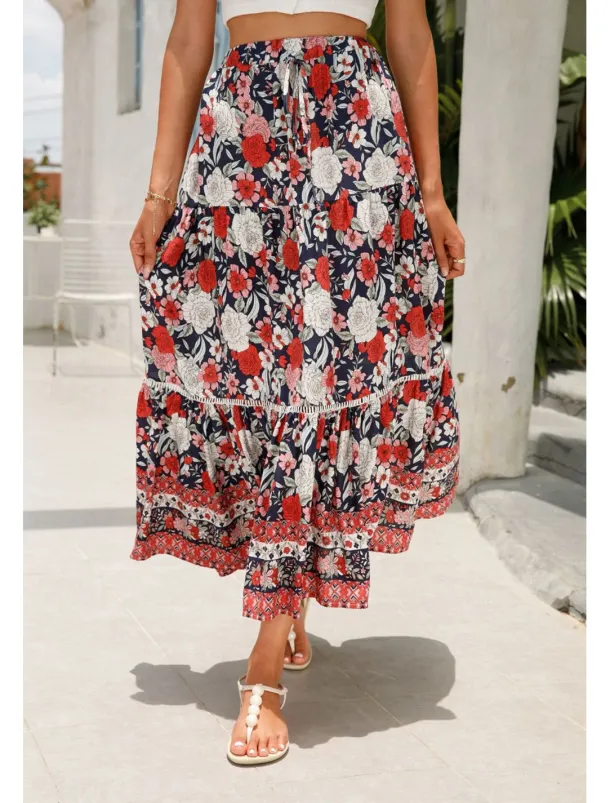 Women's Skirt Bohemia Casual Boho Maxi Mid Rise Skirts Floral Print Micro-elastic Vacation Street Almond Red Blue Orange Summer Rayon