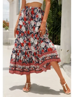 Women's Skirt Bohemia Casual Boho Maxi Mid Rise Skirts Floral Print Micro-elastic Vacation Street Almond Red Blue Orange Summer Rayon