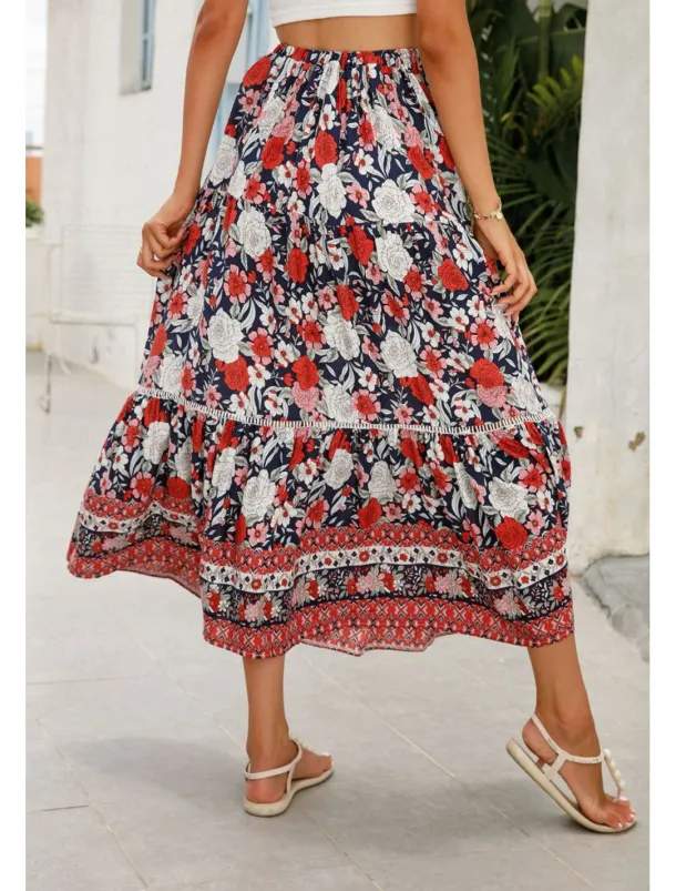 Women's Skirt Bohemia Casual Boho Maxi Mid Rise Skirts Floral Print Micro-elastic Vacation Street Almond Red Blue Orange Summer Rayon