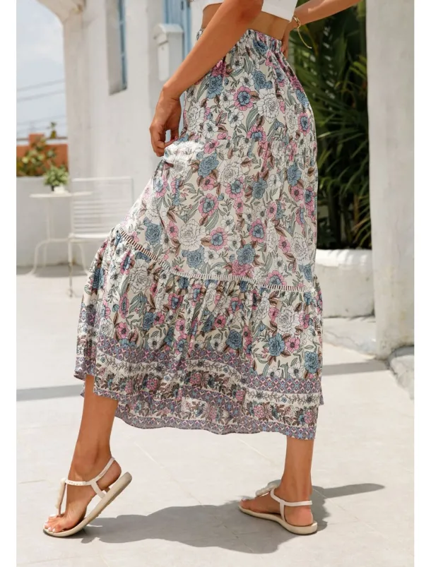 Women's Skirt Bohemia Casual Boho Maxi Mid Rise Skirts Floral Print Micro-elastic Vacation Street Almond Red Blue Orange Summer Rayon