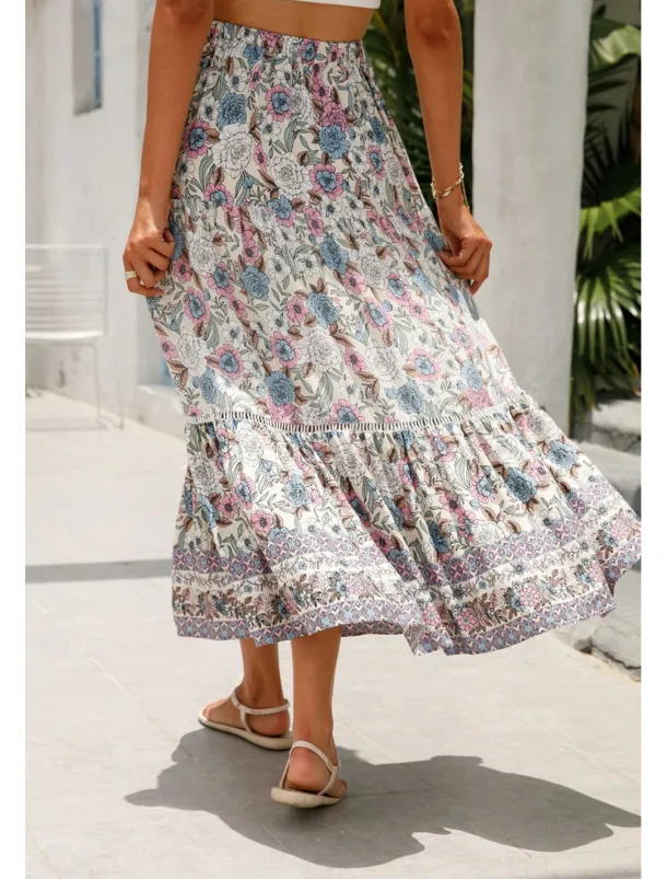 Women's Skirt Bohemia Casual Boho Maxi Mid Rise Skirts Floral Print Micro-elastic Vacation Street Almond Red Blue Orange Summer Rayon
