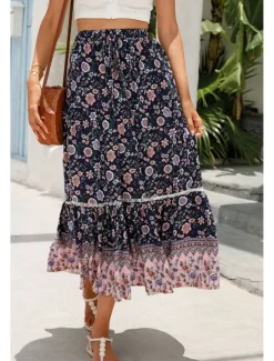 Women's Skirt Bohemia Casual Boho Maxi Mid Rise Skirts Floral Print Micro-elastic Vacation Street Almond Red Blue Orange Summer Rayon