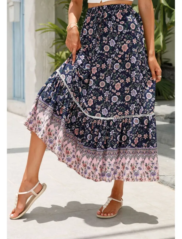 Women's Skirt Bohemia Casual Boho Maxi Mid Rise Skirts Floral Print Micro-elastic Vacation Street Almond Red Blue Orange Summer Rayon