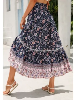 Women's Skirt Bohemia Casual Boho Maxi Mid Rise Skirts Floral Print Micro-elastic Vacation Street Almond Red Blue Orange Summer Rayon