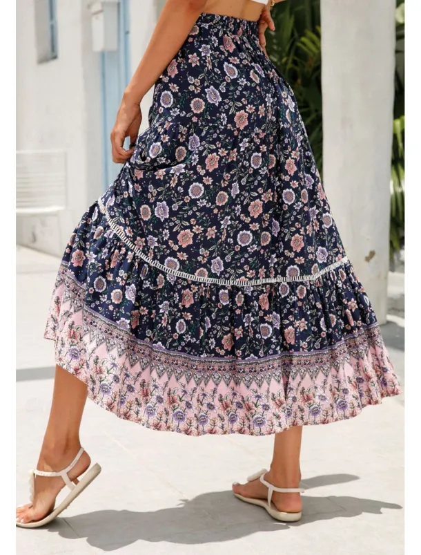 Women's Skirt Bohemia Casual Boho Maxi Mid Rise Skirts Floral Print Micro-elastic Vacation Street Almond Red Blue Orange Summer Rayon