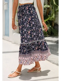 Women's Skirt Bohemia Casual Boho Maxi Mid Rise Skirts Floral Print Micro-elastic Vacation Street Almond Red Blue Orange Summer Rayon