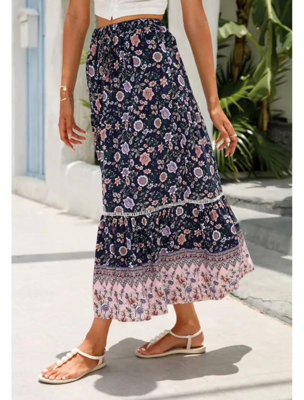 Women's Skirt Bohemia Casual Boho Maxi Mid Rise Skirts Floral Print Micro-elastic Vacation Street Almond Red Blue Orange Summer Rayon