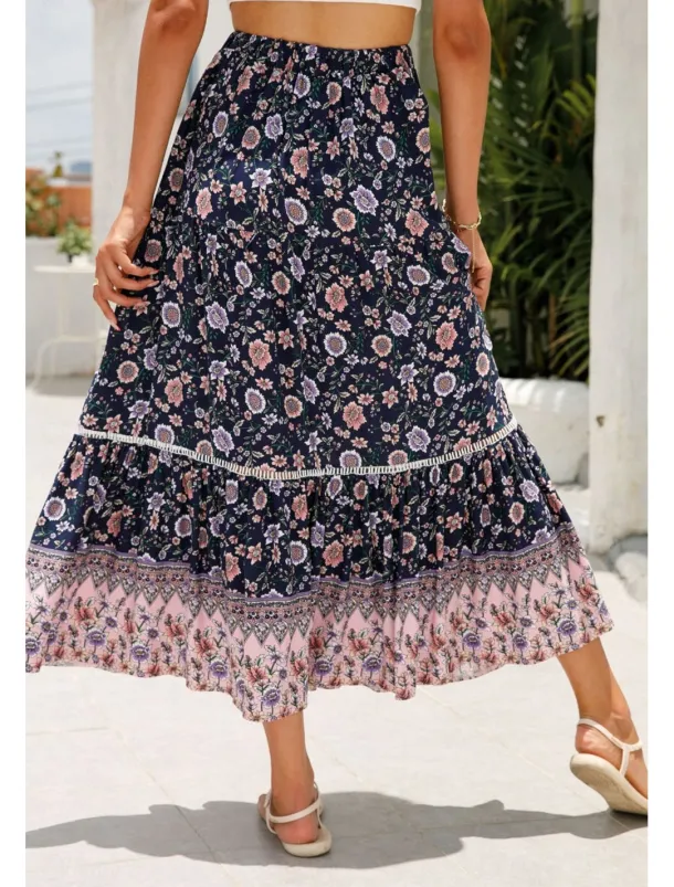 Women's Skirt Bohemia Casual Boho Maxi Mid Rise Skirts Floral Print Micro-elastic Vacation Street Almond Red Blue Orange Summer Rayon