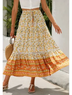 Women's Skirt Bohemia Casual Boho Maxi Mid Rise Skirts Floral Print Micro-elastic Vacation Street Almond Red Blue Orange Summer Rayon