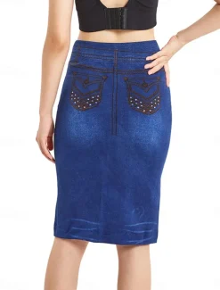 Women's Skirt Denim Midi Skirt Fashion Casual Knee-length High Waist Skirts Solid Colored Pocket Vacation Street Blue Summer Denim
