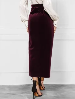 Women's Skirt Elegant Vintage Fashion Sexy Midi Mid Waist Skirts Plain Ruched Split Ends Micro-elastic School Christmas claret Spring Polyester Velvet