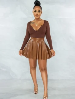 Women's Skirt Fashion Carnival Costumes Ladies Mini Skirts Solid Colored Pleated Carnival Homecoming Black Red Brown Spring & Fall PU Leather