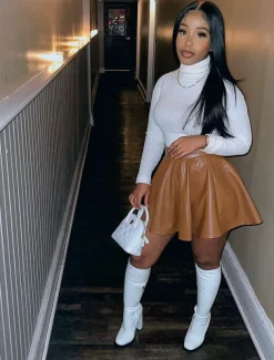 Women's Skirt Fashion Carnival Costumes Ladies Mini Skirts Solid Colored Pleated Carnival Homecoming Black Red Brown Spring & Fall PU Leather