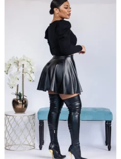 Women's Skirt Fashion Carnival Costumes Ladies Mini Skirts Solid Colored Pleated Carnival Homecoming Black Red Brown Spring & Fall PU Leather