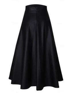 Women's Skirt Long Skirt Elegant Fashion Casual Midi High Waist Skirts Solid Colored Ruched Vacation Street Black Fall & Winter Faux Leather
