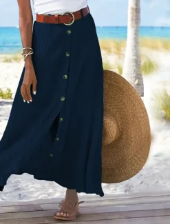 Women's Skirt Long Skirt Linen Skirts Straight Fashion coastal grandma style Summer Maxi Skirts Solid Colored Split Vacation Office / Career Black White Navy Blue Orange Autumn / Fall Polyester