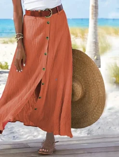Women's Skirt Long Skirt Linen Skirts Straight Fashion coastal grandma style Summer Maxi Skirts Solid Colored Split Vacation Office / Career Black White Navy Blue Orange Autumn / Fall Polyester