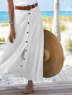 Women's Skirt Long Skirt Linen Skirts Straight Fashion coastal grandma style Summer Maxi Skirts Solid Colored Split Vacation Office / Career Black White Navy Blue Orange Autumn / Fall Polyester