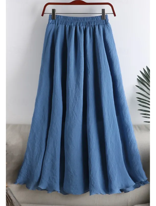 Women's Skirt Swing Fashion Maxi Mid Rise Skirts Plain Ruched Micro-elastic Vacation Street Black White Pink Blue Summer Cotton