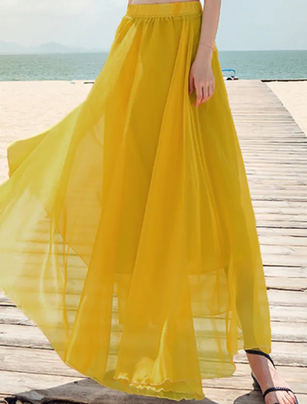 Women's Skirt Swing Long Skirt Maxi Skirts Layered Solid Colored Casual Daily Beach Summer Chiffon Fashion Summer Black White Yellow Pink