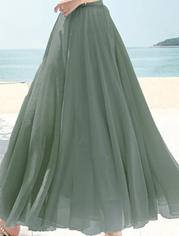 Women's Skirt Swing Long Skirt Maxi Skirts Layered Solid Colored Casual Daily Beach Summer Chiffon Fashion Summer Black White Yellow Pink