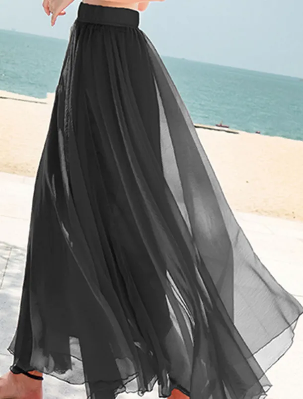 Women's Skirt Swing Long Skirt Maxi Skirts Layered Solid Colored Casual Daily Beach Summer Chiffon Fashion Summer Black White Yellow Pink