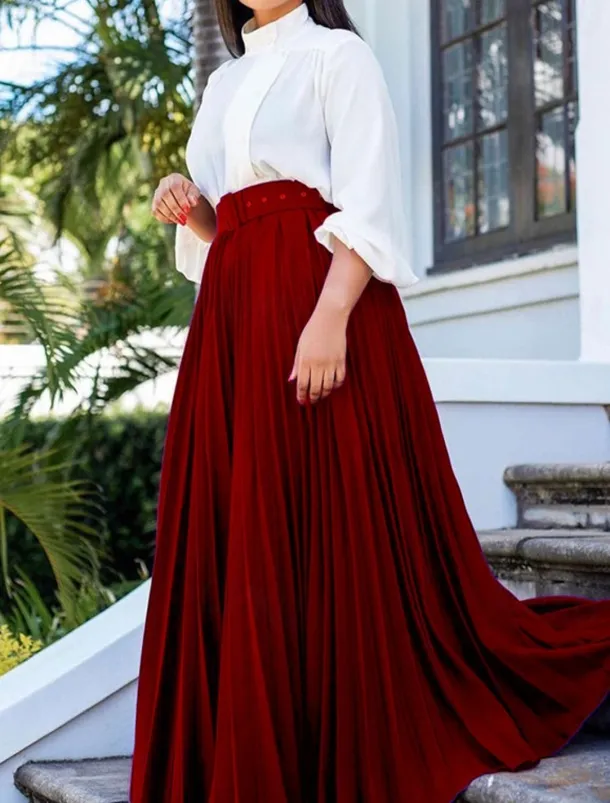 Women's Skirt Swing Maxi High Waist Skirts Pleated Ruffle Solid Colored Street Daily Spring & Summer Elegant Fashion Black White Wine Purple