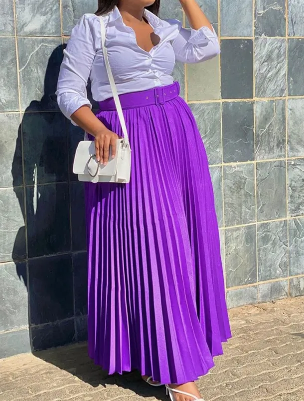 Women's Skirt Swing Maxi High Waist Skirts Pleated Ruffle Solid Colored Street Daily Spring & Summer Elegant Fashion Black White Wine Purple