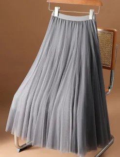 Women's Skirt Swing Midi Skirts Ruched Layered Solid Colored Daily Date Spring, Fall, Winter, Summer Elegant Long Apricot Black White Pink