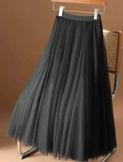 Women's Skirt Swing Midi Skirts Ruched Layered Solid Colored Daily Date Spring, Fall, Winter, Summer Elegant Long Apricot Black White Pink