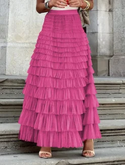 Women's Skirt Swing Tutu Maxi High Waist Skirts Pleated Solid Colored Street Daily Spring & Summer Elegant Fashion Casual Apricot Black Khaki Rose Red