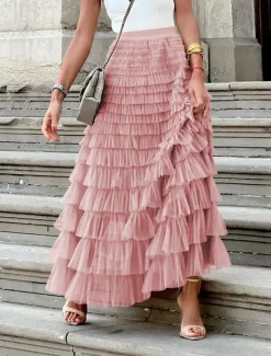 Women's Skirt Swing Tutu Maxi High Waist Skirts Pleated Solid Colored Street Daily Spring & Summer Elegant Fashion Casual Apricot Black Khaki Rose Red