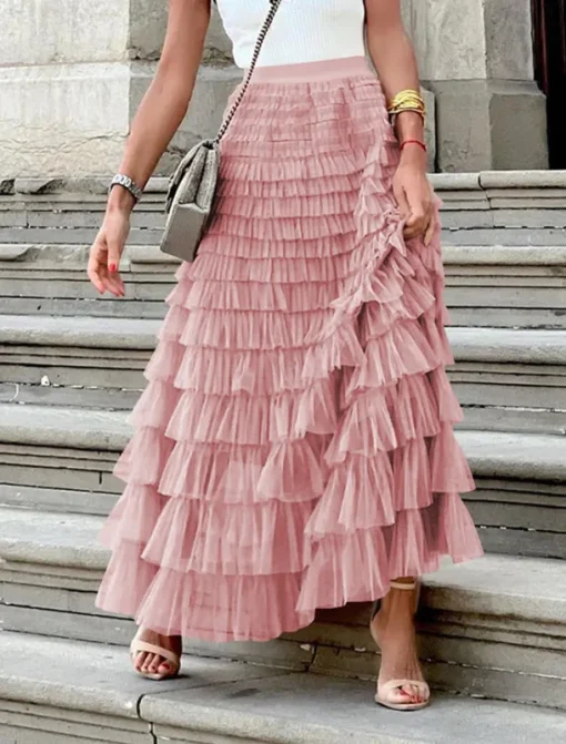 Women's Skirt Swing Tutu Maxi High Waist Skirts Pleated Solid Colored Street Daily Spring & Summer Elegant Fashion Casual Apricot Black Khaki Rose Red